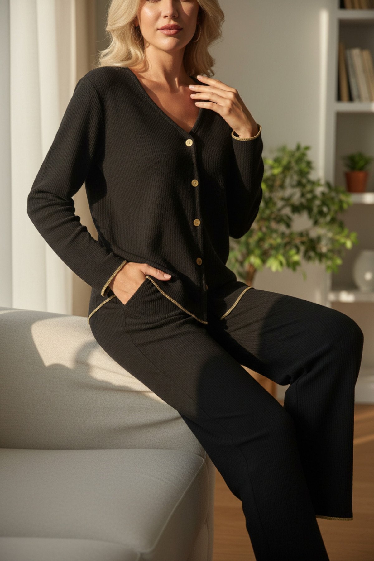 Premium Kadın Fitilli Pijama Takımı – Siyah Gold Biye Detaylı, Yumuşak Dokulu Ev Şıklığı — görsel 3