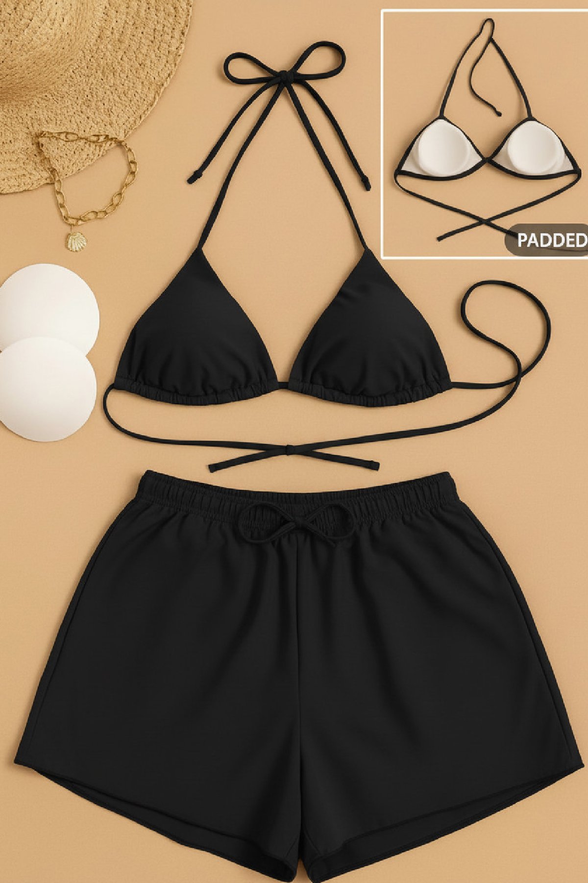 Kadın 3'lü Set Siyah Şortlu ve Yandan Bağlamalı Bikini Mayo Takımı — görsel 2