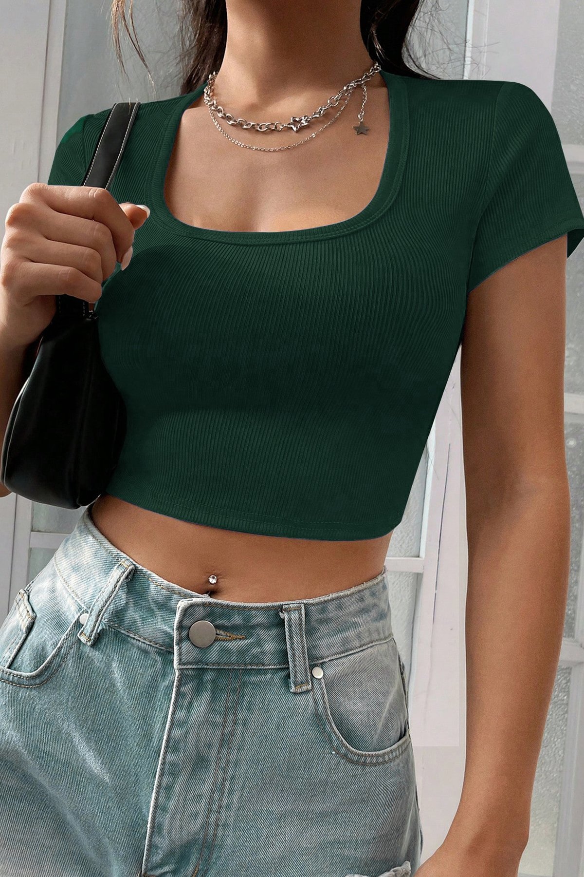 Kadın Yeşil Yarım Kol Düz Yaka Crop Top Bluz — görsel 6