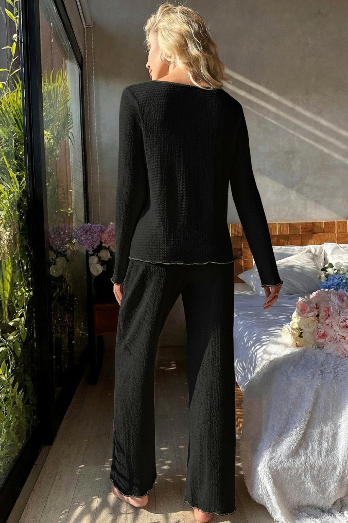 Premium Kadın Fitilli Pijama Takımı – Siyah Gold Biye Detaylı, Yumuşak Dokulu Ev Şıklığı — görsel 9