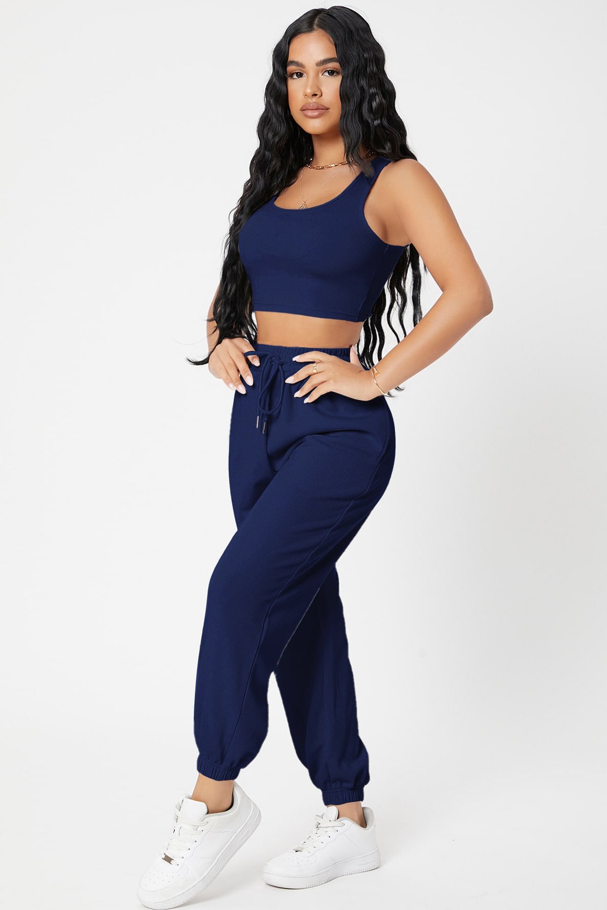 Kadın Lacivert Kaşkorse Cepli Jogger Eşofman Altı ve Crop Top Bluz — görsel 3
