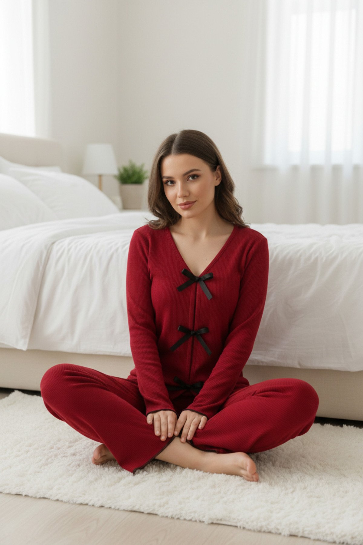 Kadın Bordo Fiyonklu İç Çamaşırı ve Uzun Kollu V Yaka Pijama Takımı 4'lü Set — görsel 3