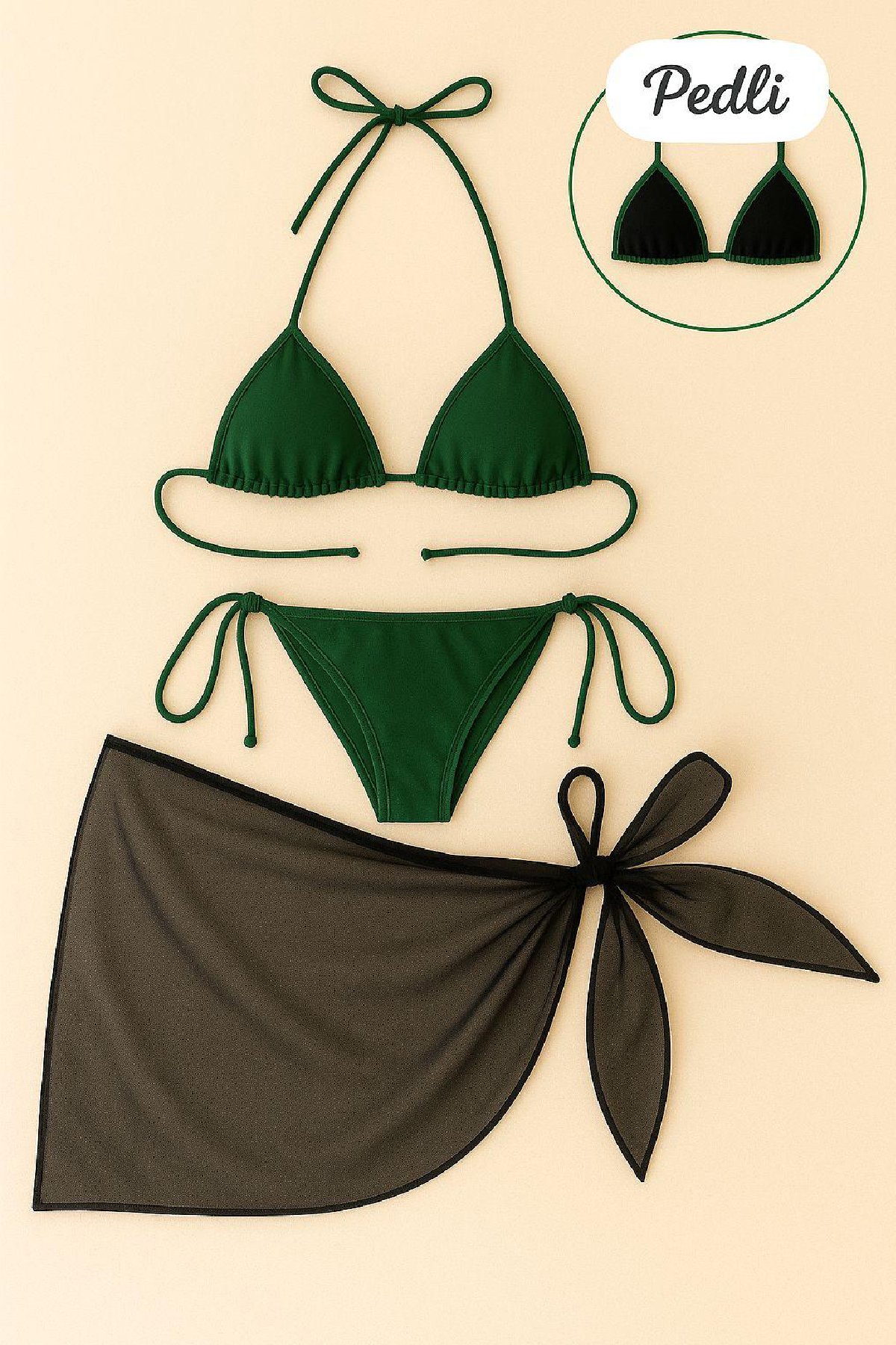Kadın Yeşil Siyah Pareolu Yandan ve Boyundan Bağlamalı 3'lü Bikini Takımı