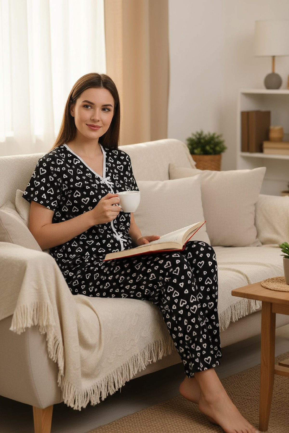 Kadın Siyah Kalp Desenli Fiyonklu Kısa Kollu Uzun Pijama Takımı — görsel 6