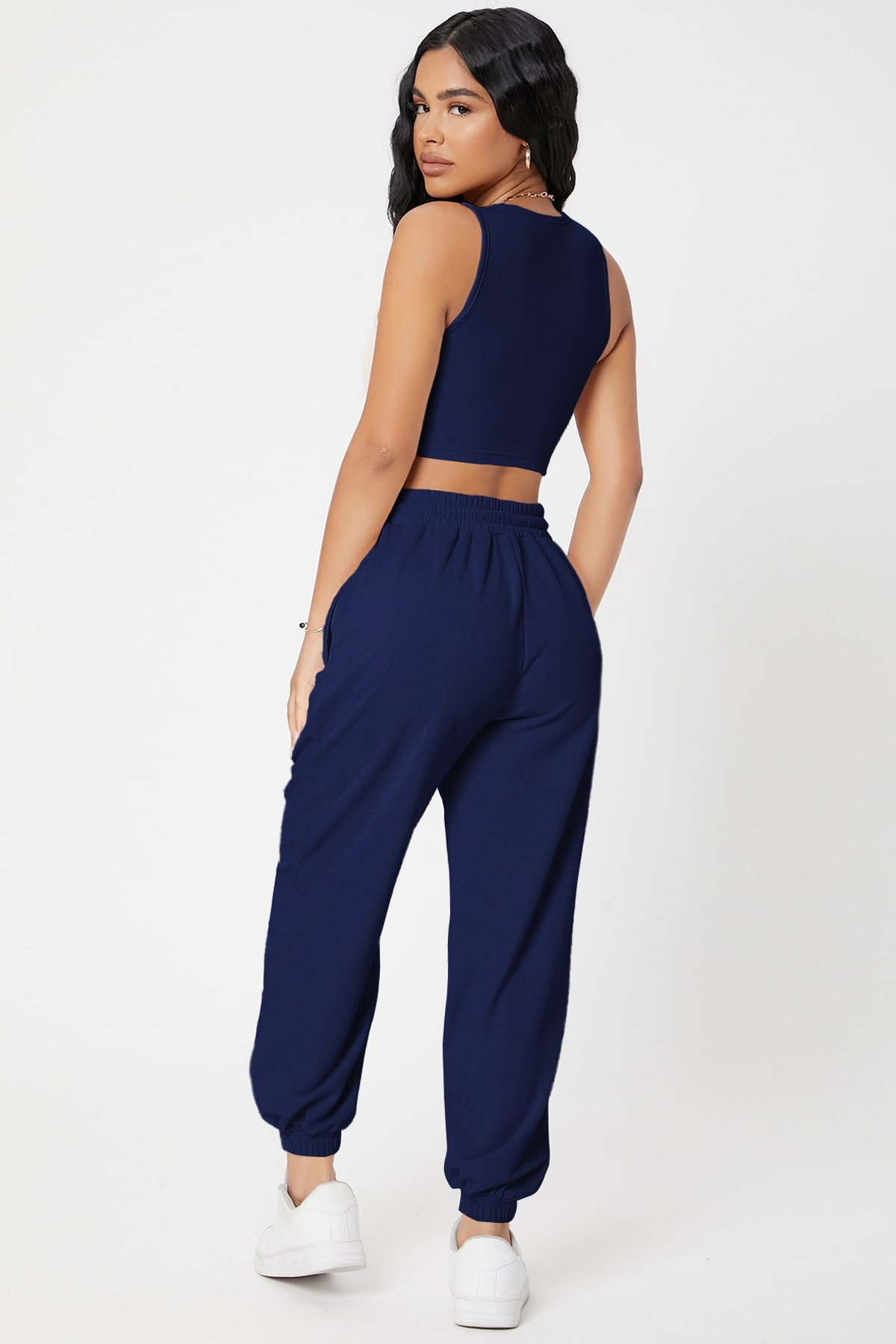 Kadın Lacivert Kaşkorse Cepli Jogger Eşofman Altı ve Crop Top Bluz — görsel 2