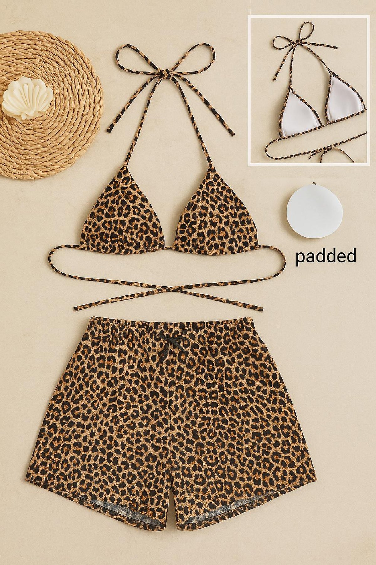 Kadın Leopar Desenli Şortlu Belden ve Boyundan Bağlamalı Bikini Takımı — görsel 4