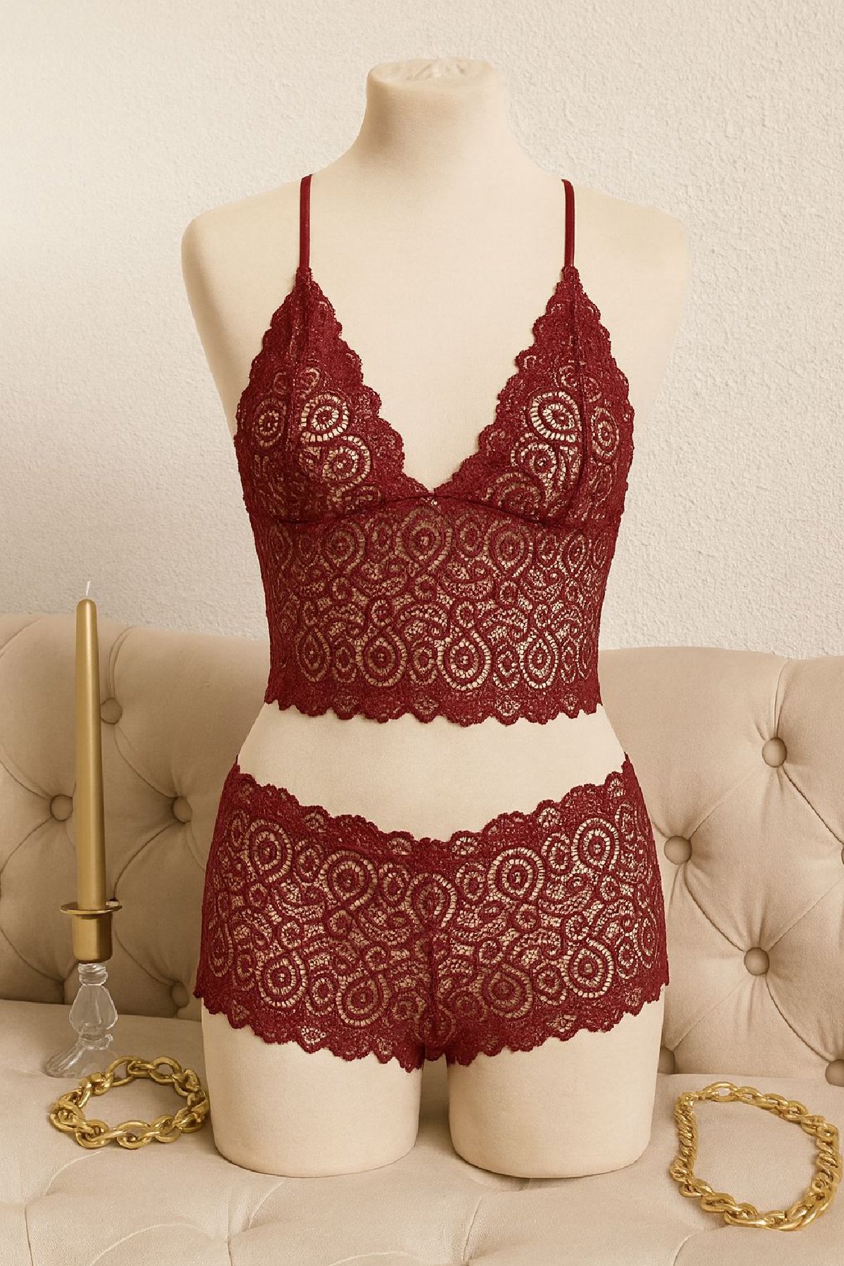 Kadın Bordo Dantel Bralet Şort Takımı – Asil ve Sofistike İç Giyim — görsel 3