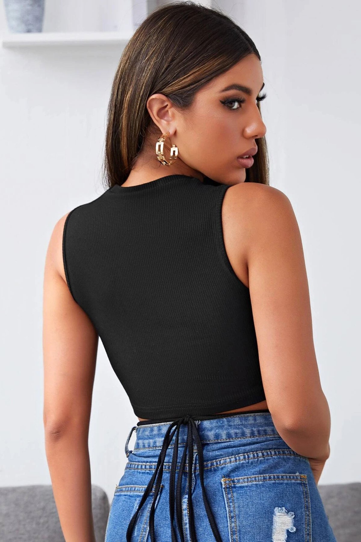 Kadın Siyah Çapraz Bağlamalı Crop Top Büstiyer — görsel 2