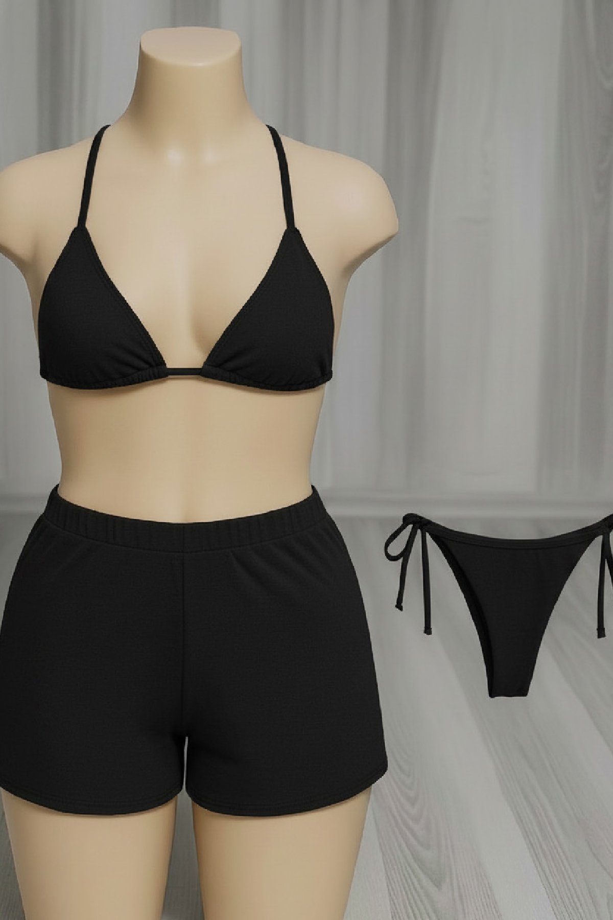 Kadın 3'lü Set Siyah Şortlu ve Yandan Bağlamalı Bikini Mayo Takımı — görsel 3