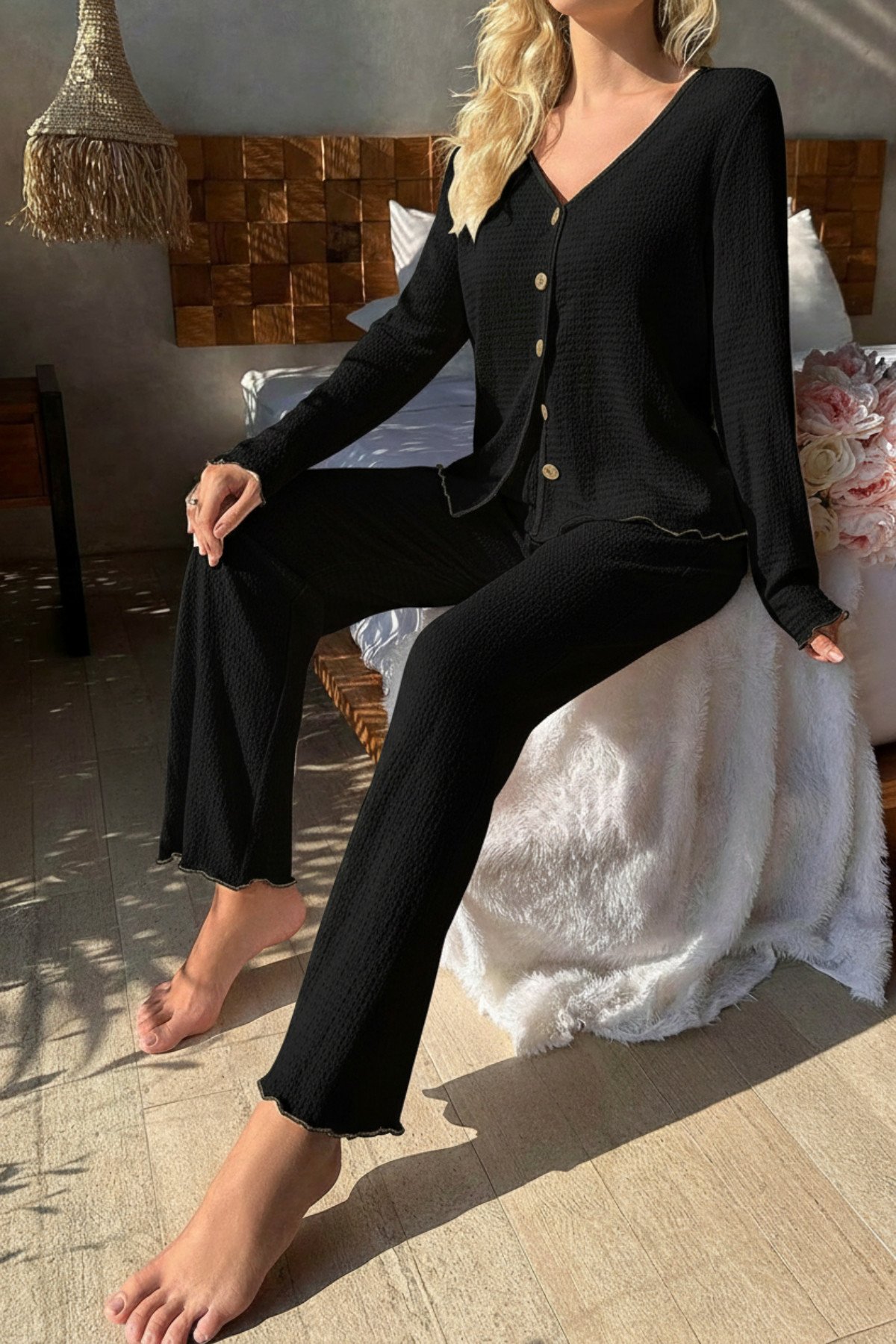Premium Kadın Fitilli Pijama Takımı – Siyah Gold Biye Detaylı, Yumuşak Dokulu Ev Şıklığı — görsel 6