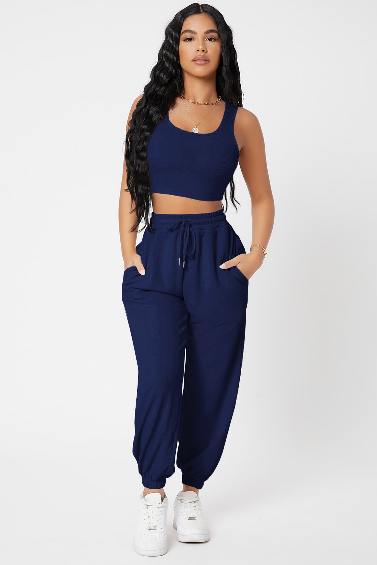 Kadın Lacivert Kaşkorse Cepli Jogger Eşofman Altı ve Crop Top Bluz — görsel 5