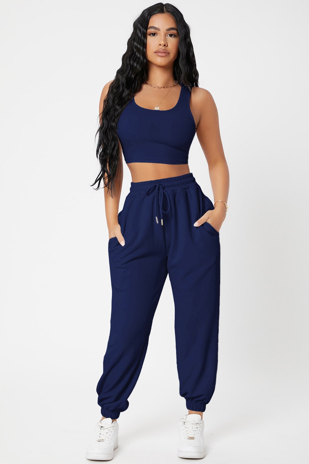 Kadın Lacivert Kaşkorse Cepli Jogger Eşofman Altı ve Crop Top Bluz — görsel 4