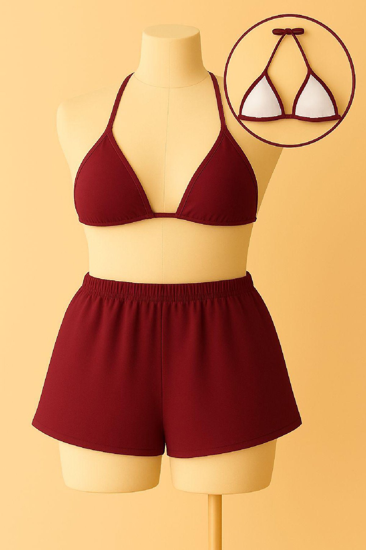 Kadın Bordo Şortlu Belden ve Boyundan Bağlamalı Bikini Takımı — görsel 2