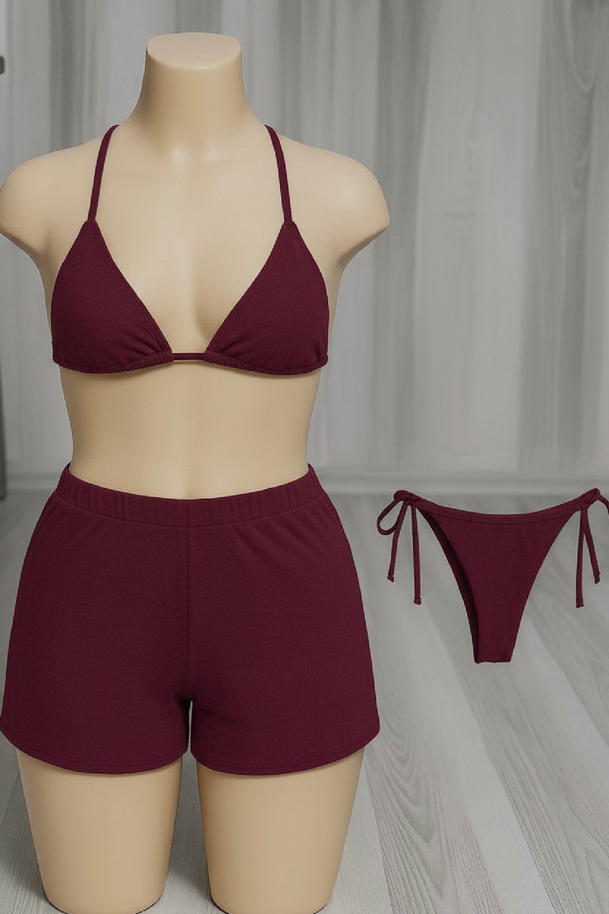 Kadın 3'lü Set Bordo Şortlu ve Yandan Bağlamalı Bikini Mayo Takımı — görsel 3