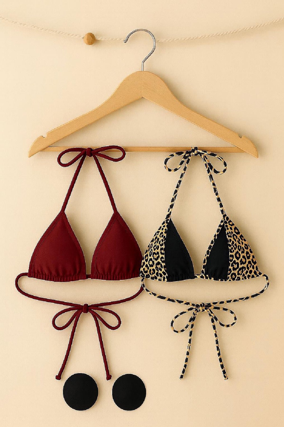 Kadın Leopar Desenli ve Bordo Minimal Kesim Üçgen Bikini Üstü