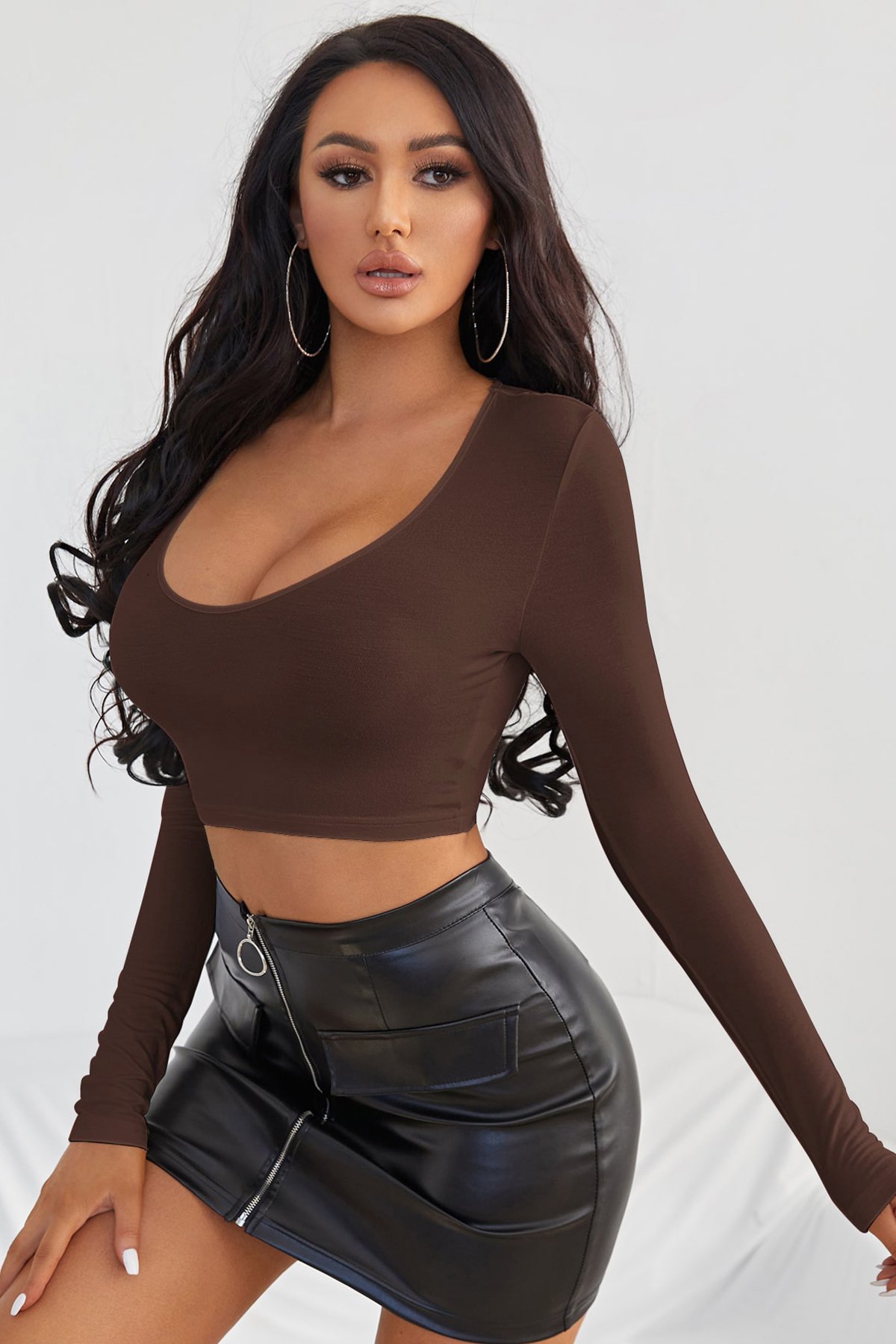 Kadın Kahverengi Uzun Kol Kare Yaka Crop Top Bluz — görsel 4