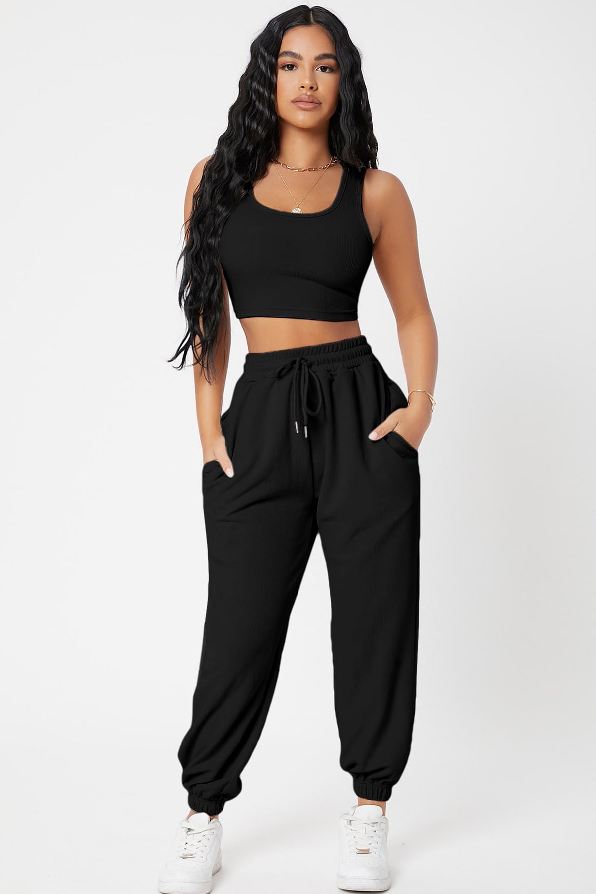 Kadın Siyah Kaşkorse Cepli Jogger Eşofman Altı ve Crop Top Bluz — görsel 4