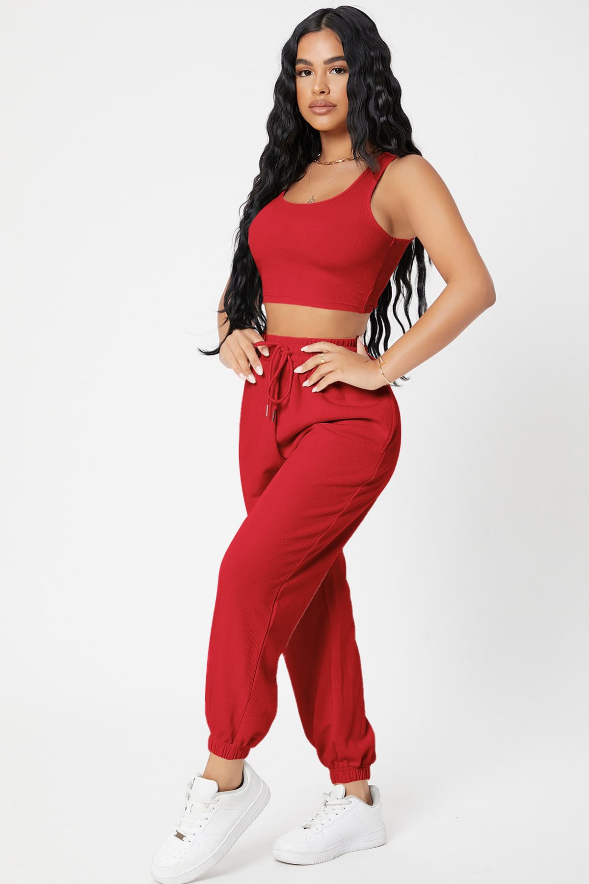 Kadın Kırmızı Kaşkorse Cepli Jogger Eşofman Altı ve Crop Top Bluz — görsel 3