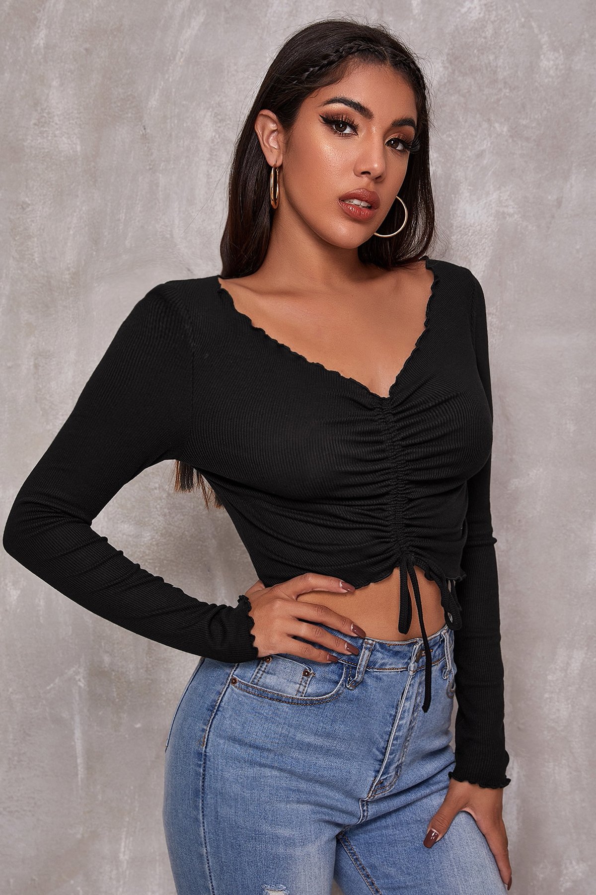 Kadın Siyah Uzun Kollu Büzdürme Bağcık Detaylı Crop Top Bluz — görsel 3