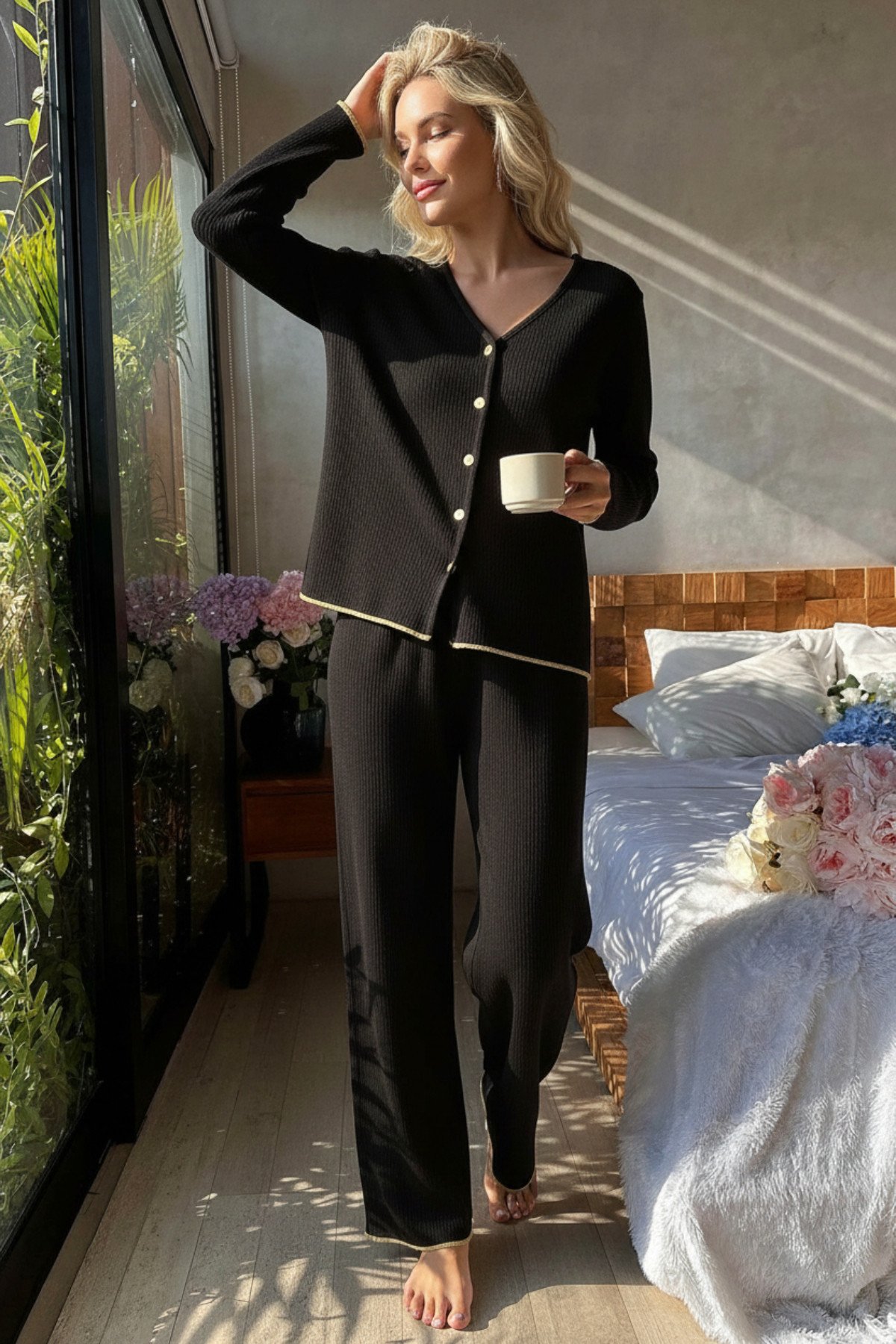 Premium Kadın Fitilli Pijama Takımı – Siyah Gold Biye Detaylı, Yumuşak Dokulu Ev Şıklığı — görsel 4