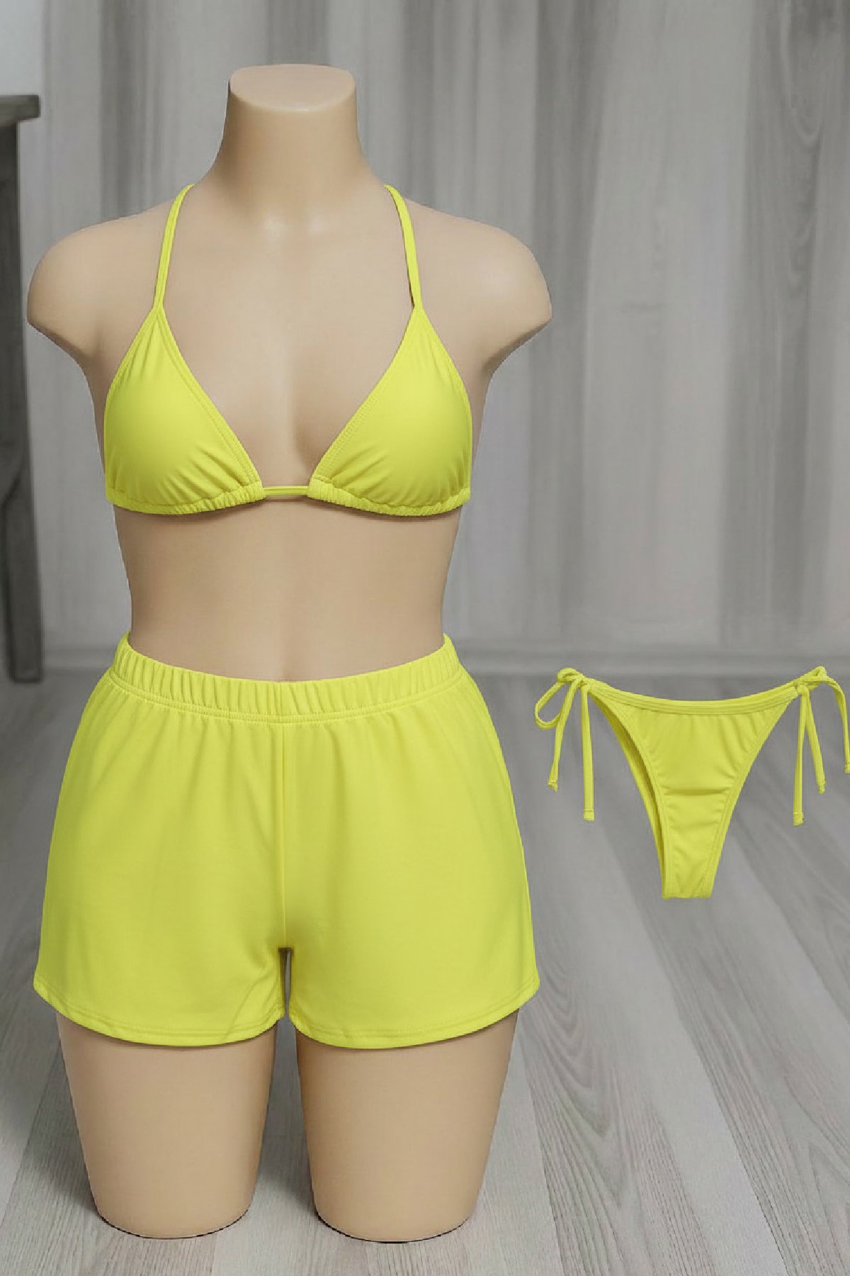 Kadın 3'lü Set Fosforlu Şortlu ve Yandan Bağlamalı Bikini Mayo Takımı — görsel 3