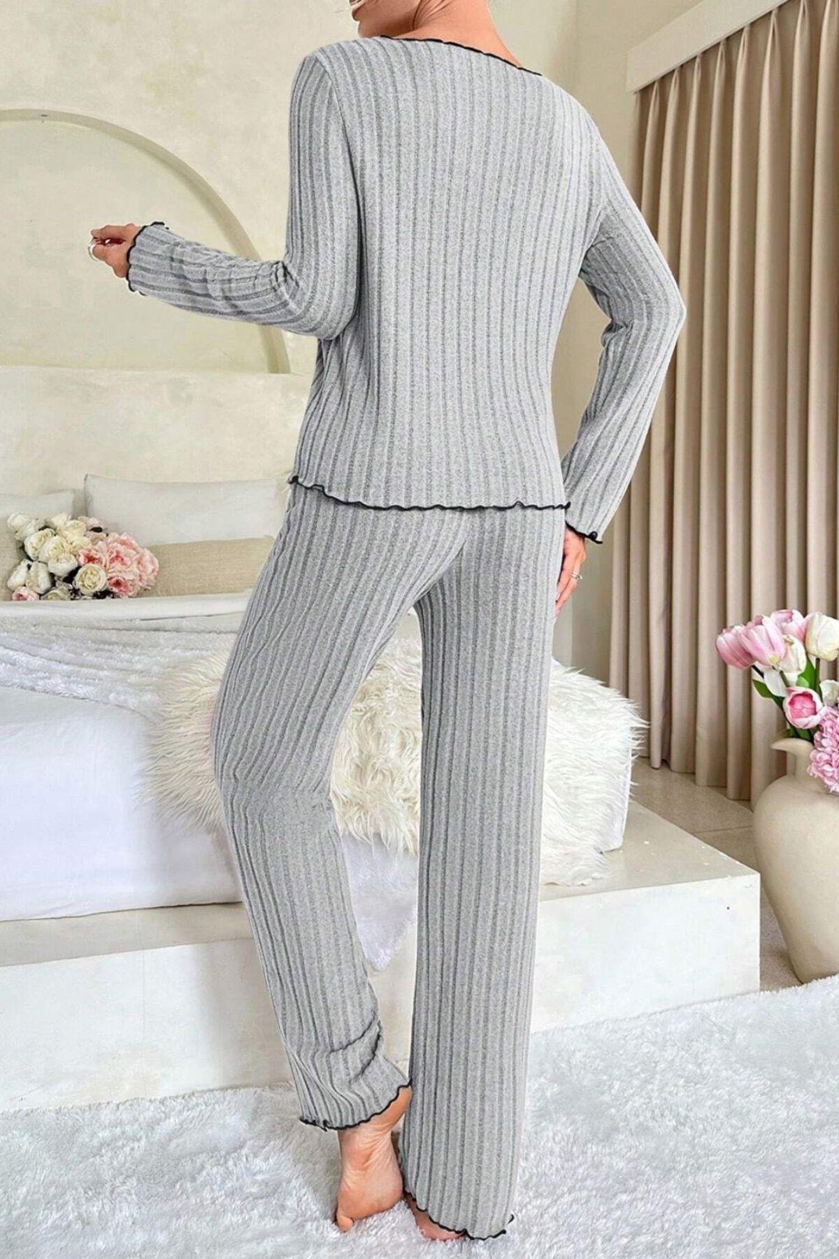 Kadın Gri Çizgili Uzun Kollu Fiyonk Detaylı Pijama Takımı Rahat Mevsimlik — görsel 7