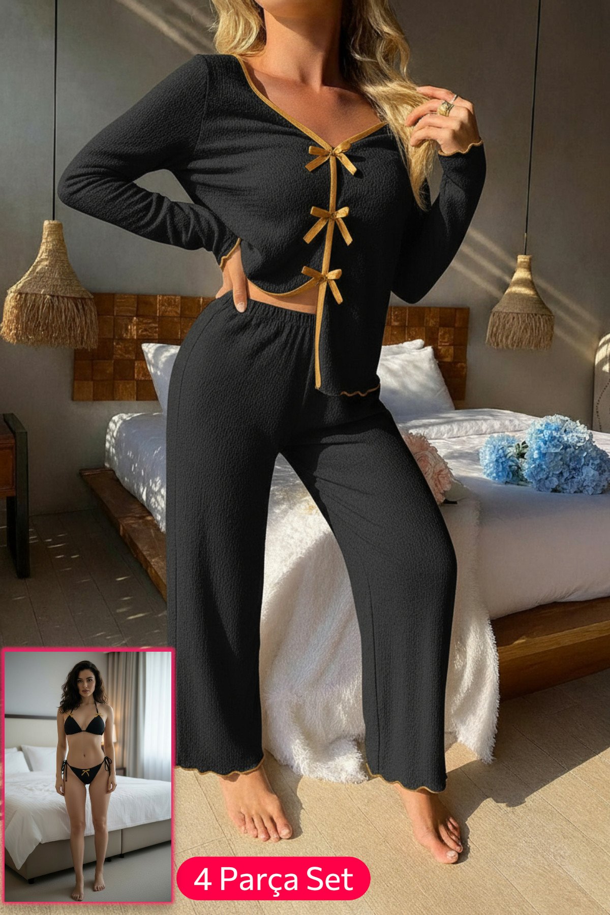 Kadın Siyah Fiyonklu İç Çamaşırı ve Uzun Kollu V Yaka Pijama Takımı 4'lü Set