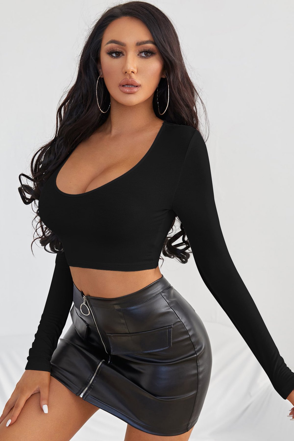 Kadın Siyah Uzun Kol Kare Yaka Crop Top Bluz — görsel 4