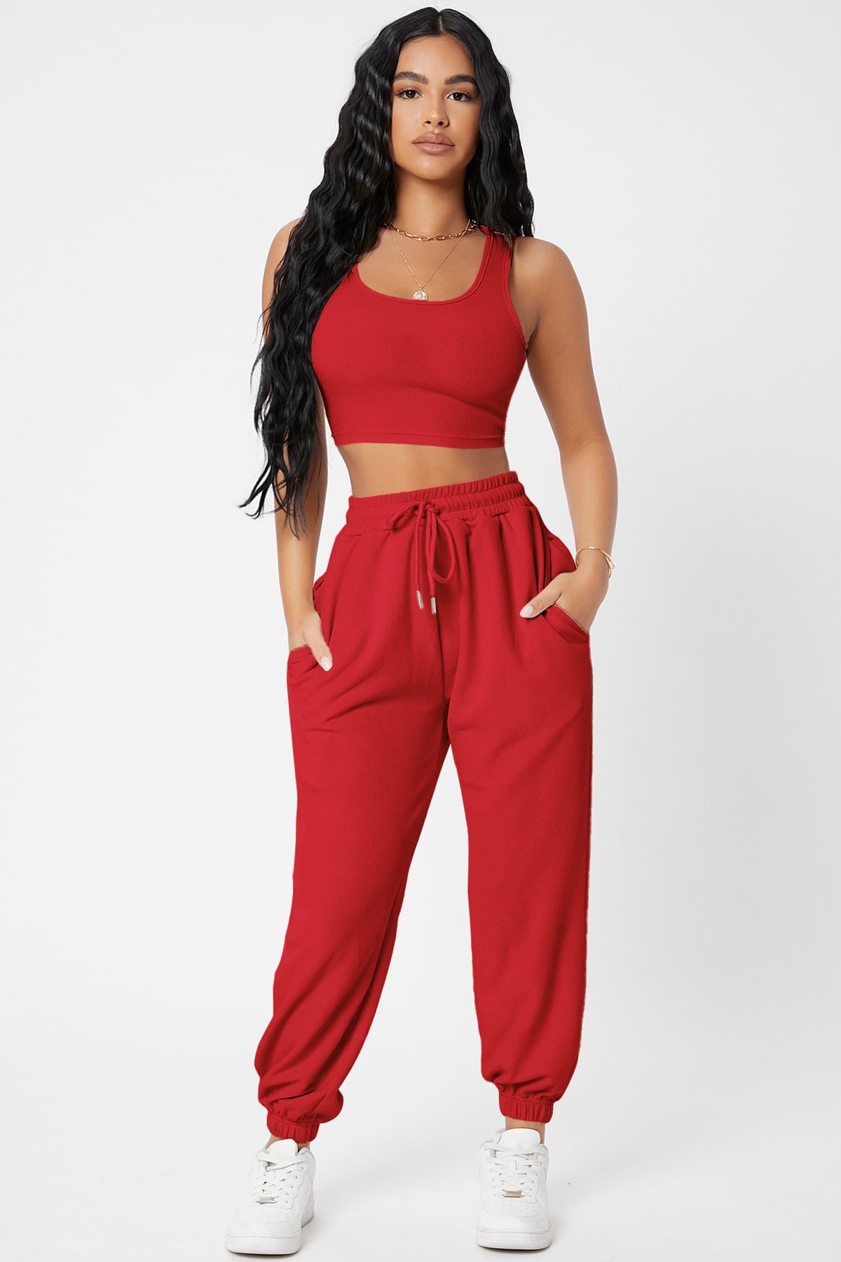 Kadın Kırmızı Kaşkorse Cepli Jogger Eşofman Altı ve Crop Top Bluz — görsel 5