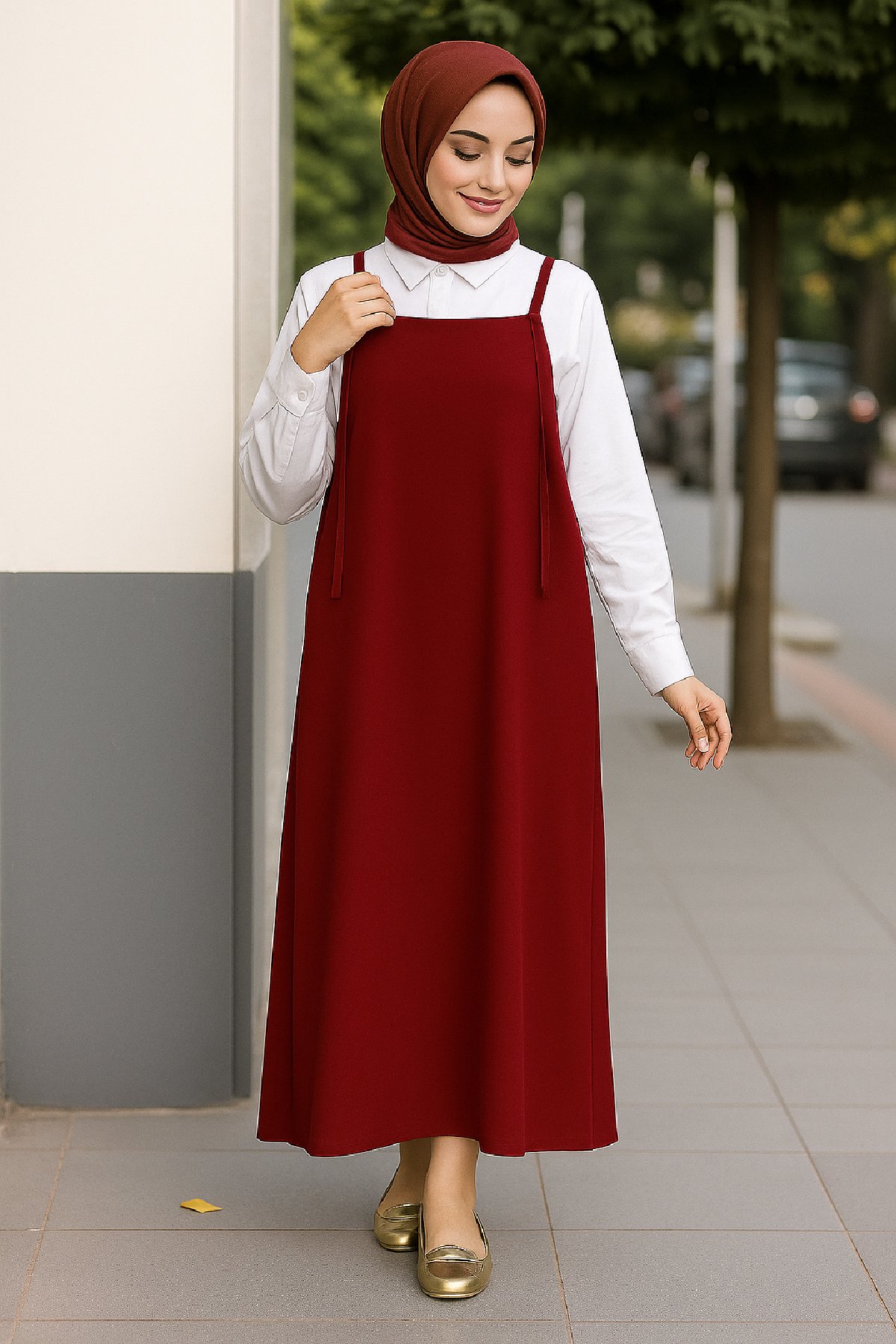 Kadın Bordo Basic Ayarlanabilir Askılı Jile Elbise