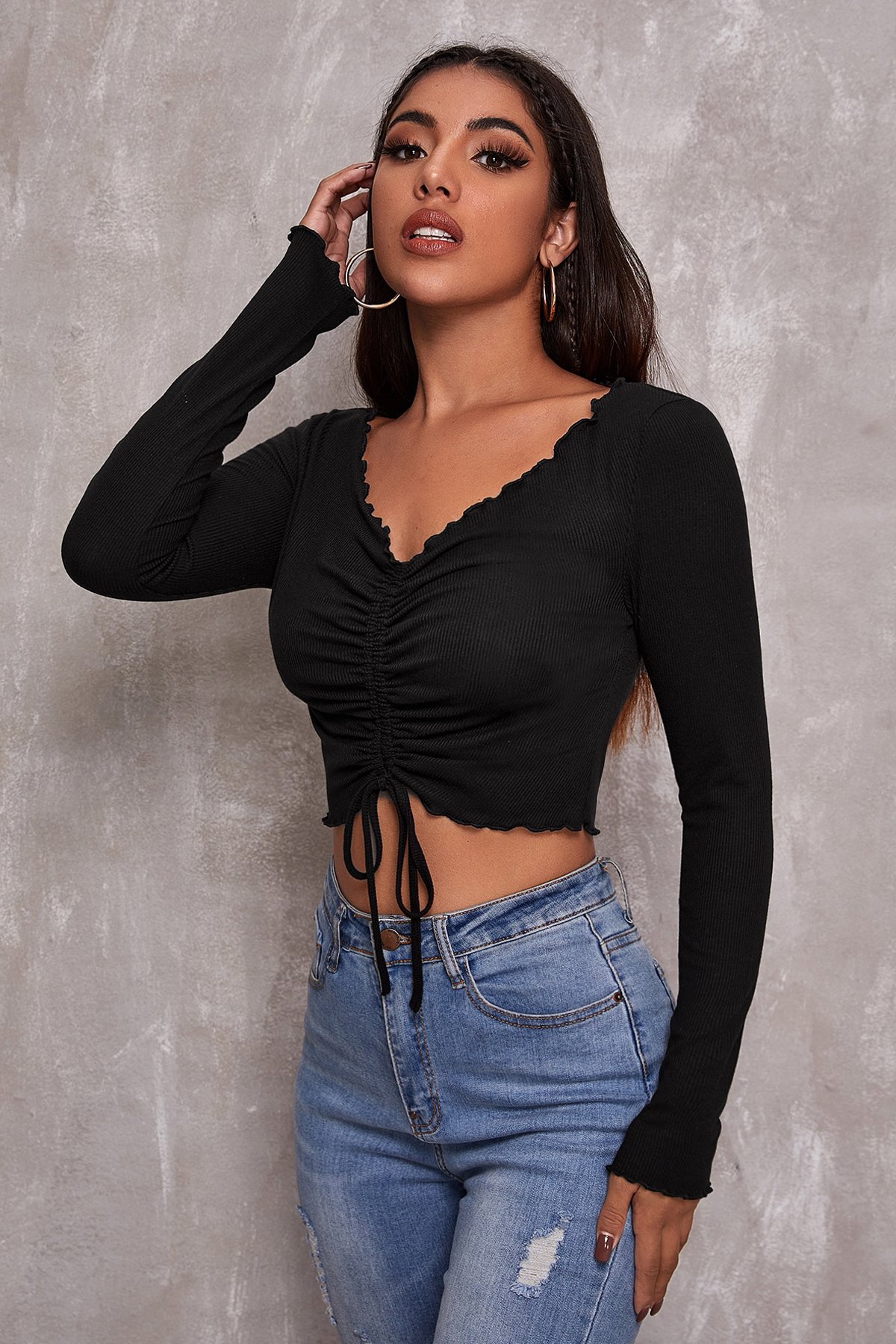 Kadın Siyah Uzun Kollu Büzdürme Bağcık Detaylı Crop Top Bluz — görsel 5