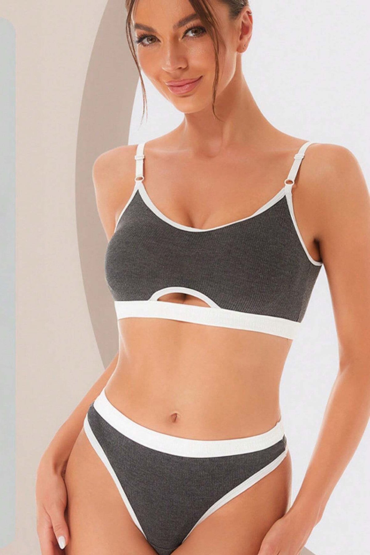 Kadın Gri Antrasit Kaşkorse ve Beyaz Lastikli Cut-Out Tanga Külotlu Takım — görsel 6